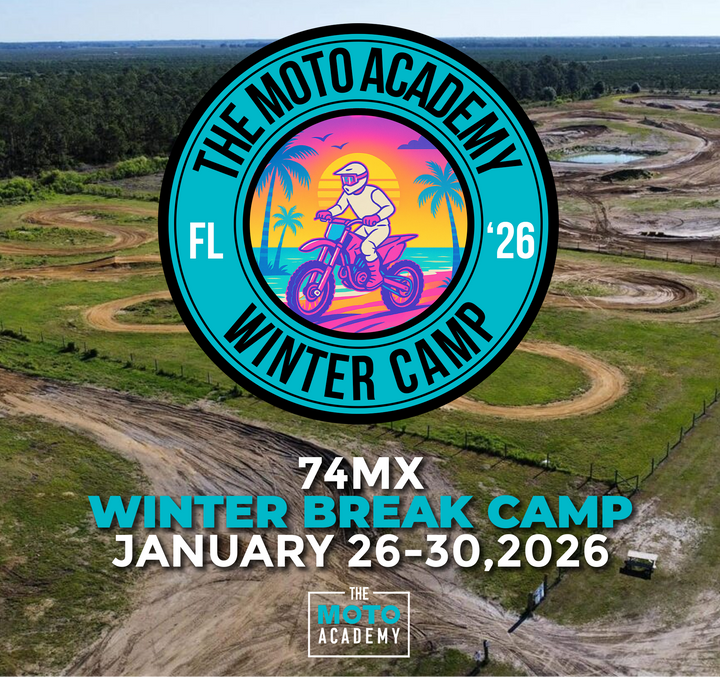 Advertisement for The Moto Academy Winter Camp at 74 MX with a dirt bike track in the background.