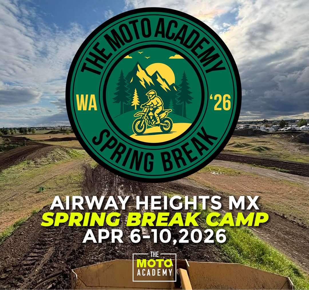 Promotional poster for The Moto Academy Spring Break Camp at Airway Heights MX  with a scenic background.