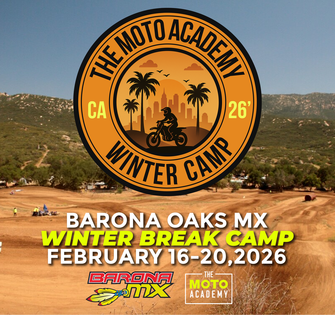 Promotional poster for The Moto Academy Winter Camp at Barona Oaks MX with a scenic background and event details.