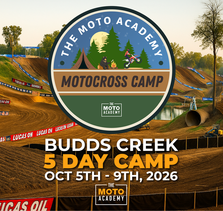 Advertisement for The Moto Academy Motocross Camp at Budds Creek with a dirt bike track in the background.