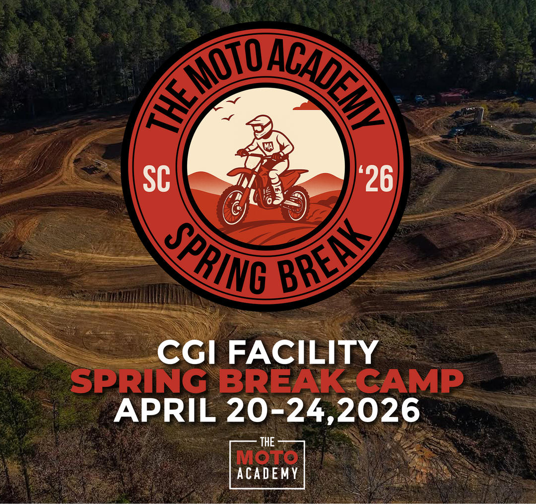 Promotional poster for The Moto Academy Spring Break Camp with a dirt bike track in the background.