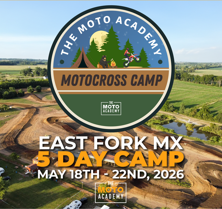 Advertisement for The Moto Academy Motocross Camp with a dirt bike track and scenic background.