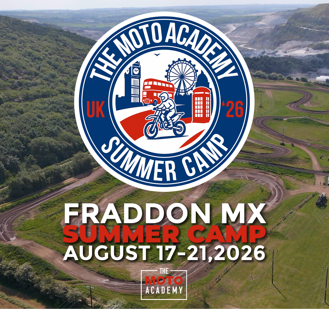 Advertisement for The Moto Academy UK Summer Camp with a scenic background of a race track and hills.