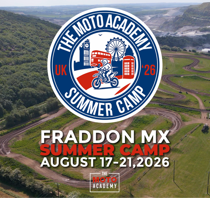 Advertisement for The Moto Academy UK Summer Camp with a scenic background of a race track and hills.