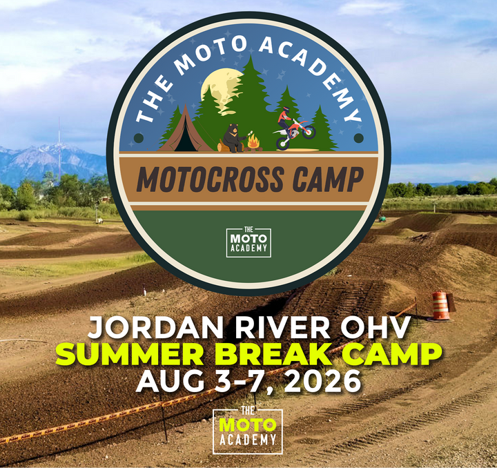 Advertisement for The Moto Academy Motocross Camp at Jordan River OHV with a dirt bike track in the background.