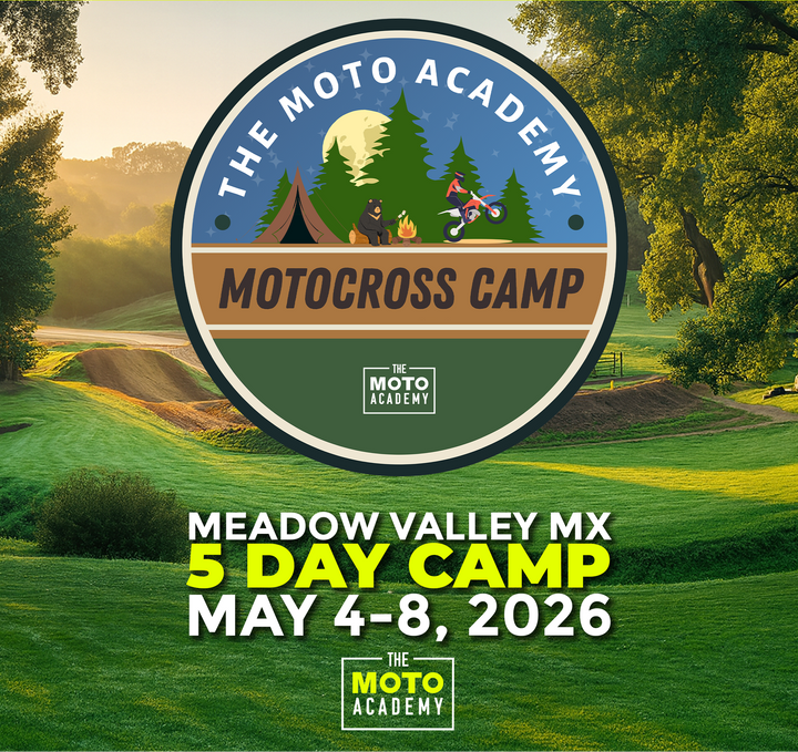 Advertisement for The Moto Academy Motocross Camp at Meadow Valley MX with a scenic background of a campsite.