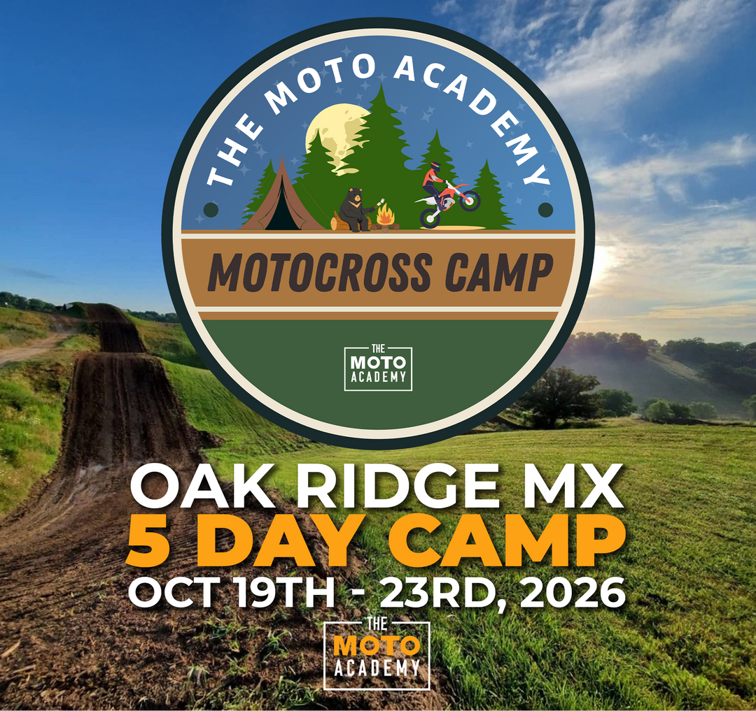 Advertisement for The Moto Academy Motocross Camp with a scenic background and promotional text.