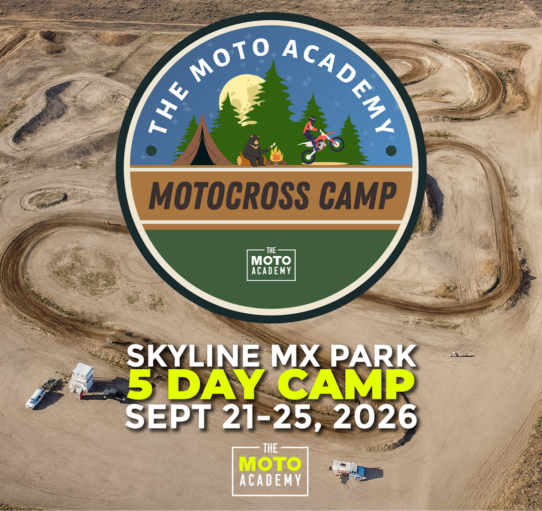 Promotional poster for The Moto Academy Motocross Camp at Skyline MX Park with a dirt bike track in the background.