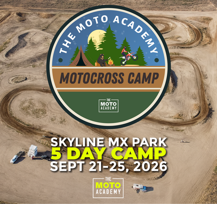 Promotional poster for The Moto Academy Motocross Camp at Skyline MX Park with a dirt bike track in the background.
