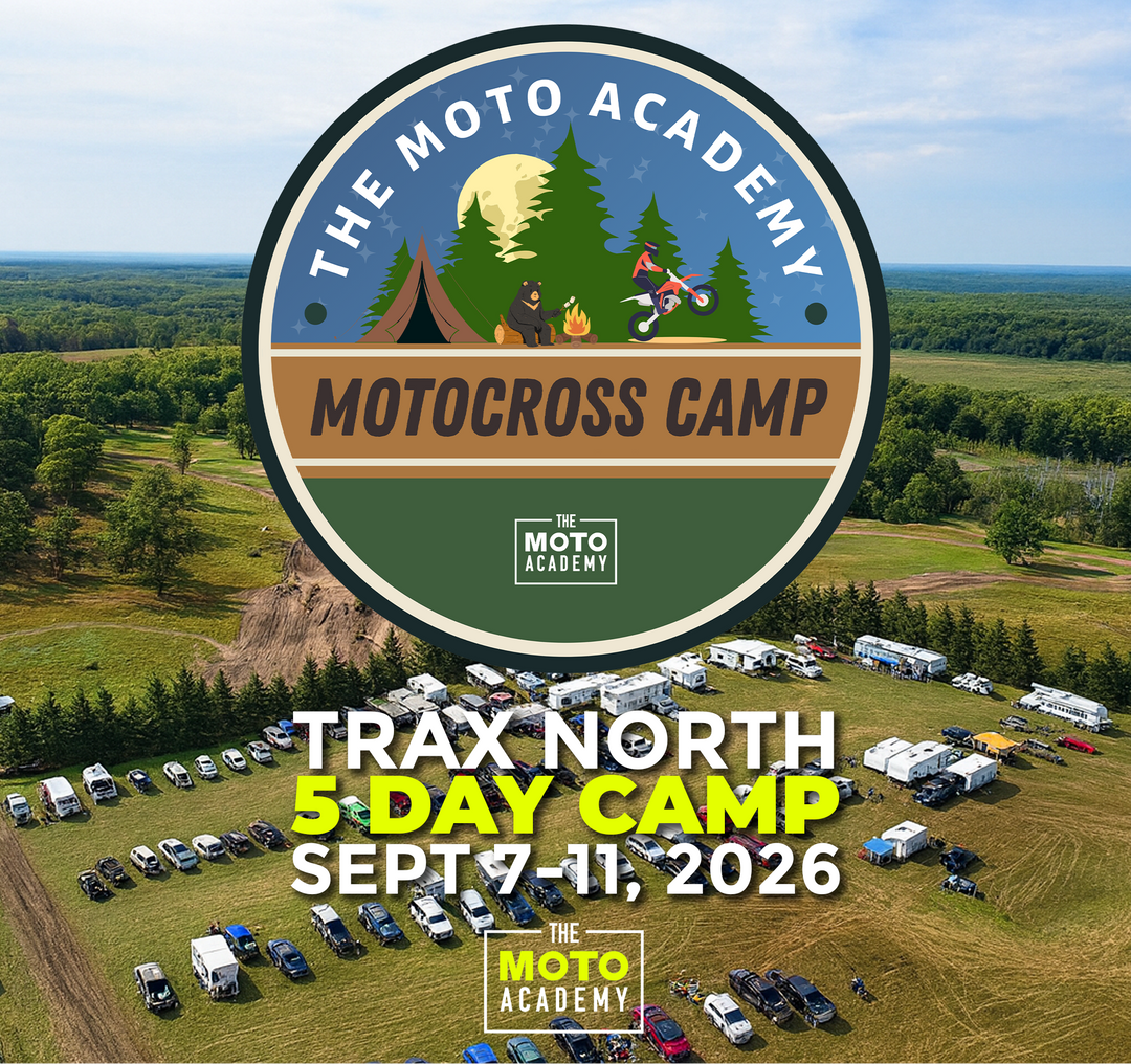 Advertisement for The Moto Academy Motocross Camp at Trax North MX with a scenic background and promotional text.