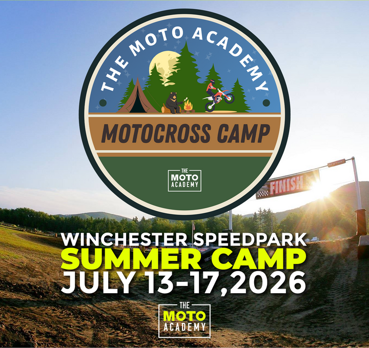 Advertisement for The Moto Academy Motocross Camp at Winchester Speedpark with a dirt track and trees in the background.