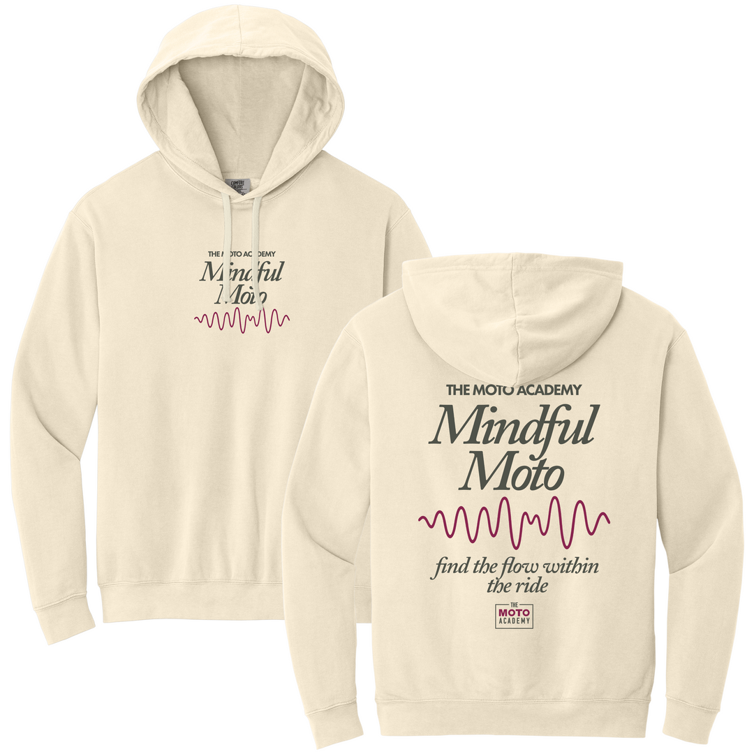 Beige hoodie with 'Mindful Moto' text on the front and back, displayed on a white background.