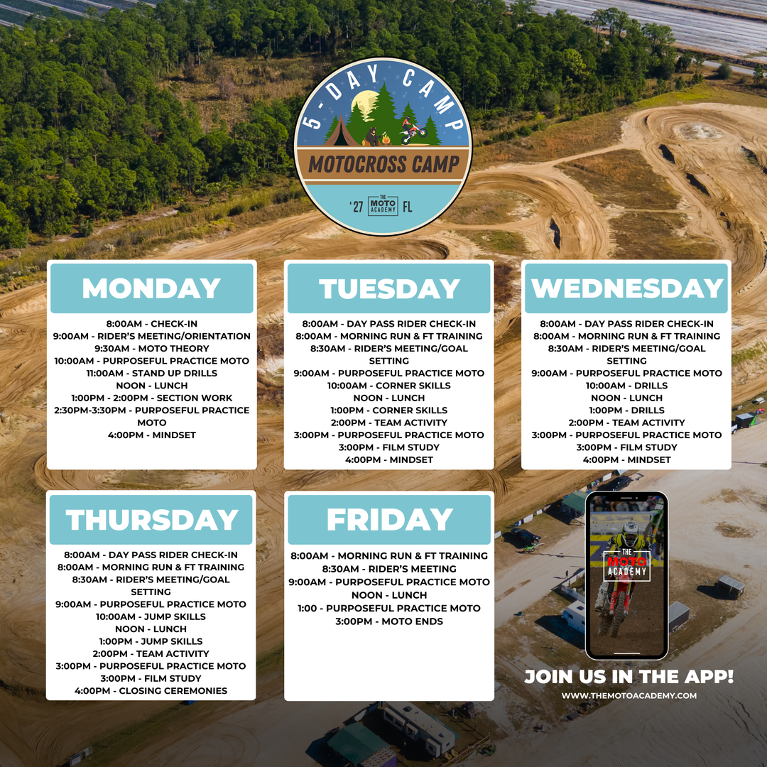 Motocross camp schedule with a camp logo and track background