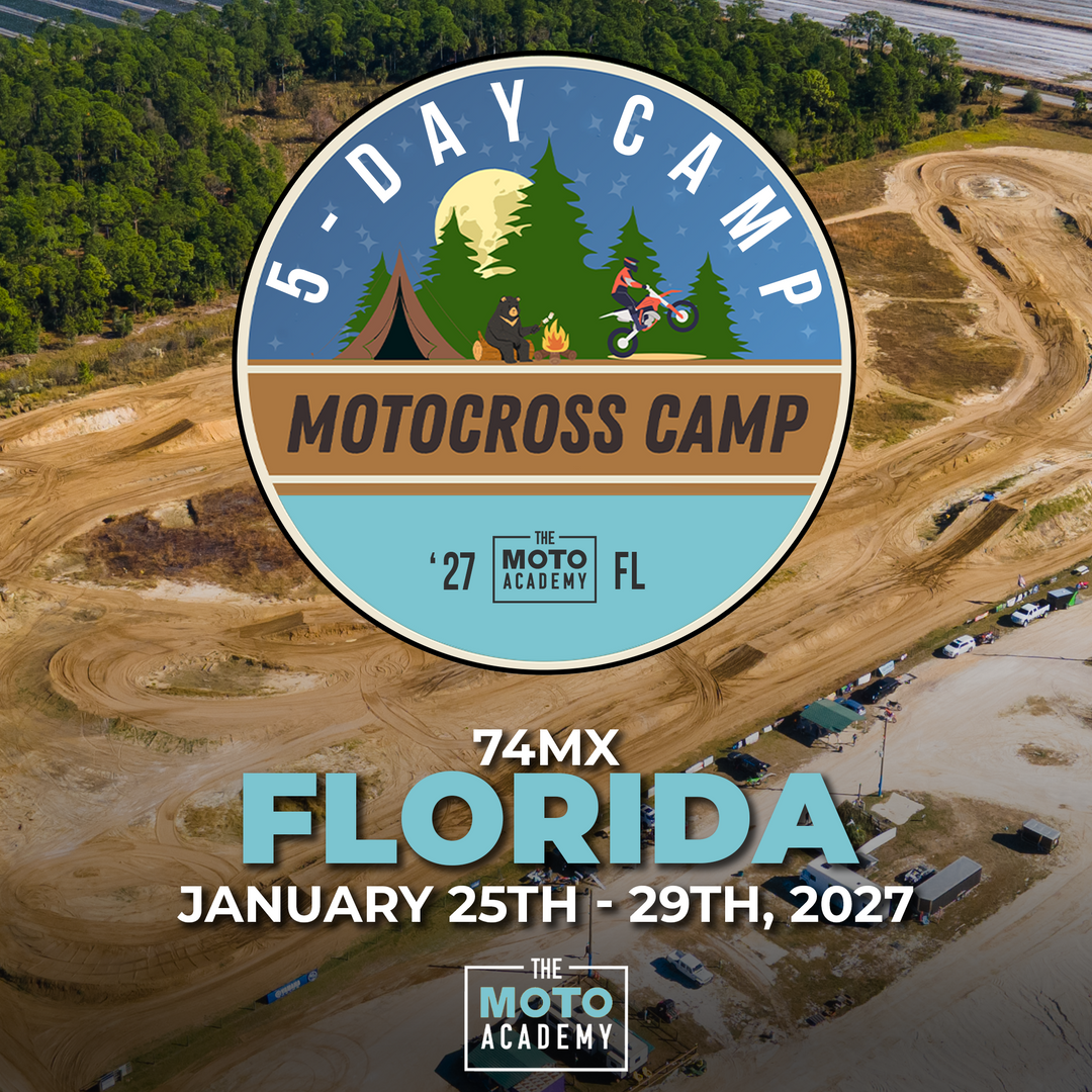 Motocross camp advertisement with track and trees in the background