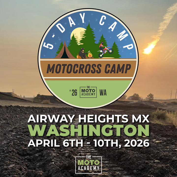 Promotional poster for a motocross camp event at Airway Heights MX, Washington with a sunset background.