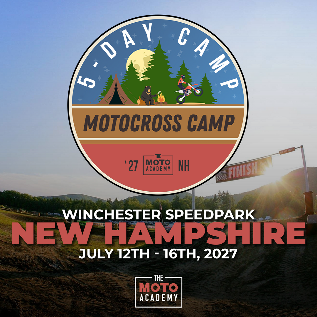 Promotional graphic for The Moto Academy 5-Day Camp Motocross Camp, featuring a large circular logo with a mountain, tent, and motocross rider illustration over a background of a speedway track at sunrise.