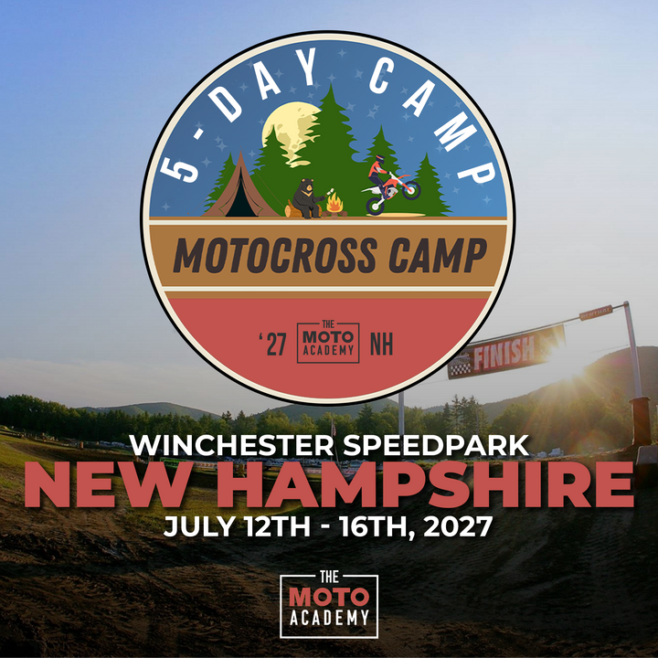 Promotional graphic for The Moto Academy 5-Day Camp Motocross Camp, featuring a large circular logo with a mountain, tent, and motocross rider illustration over a background of a speedway track at sunrise.