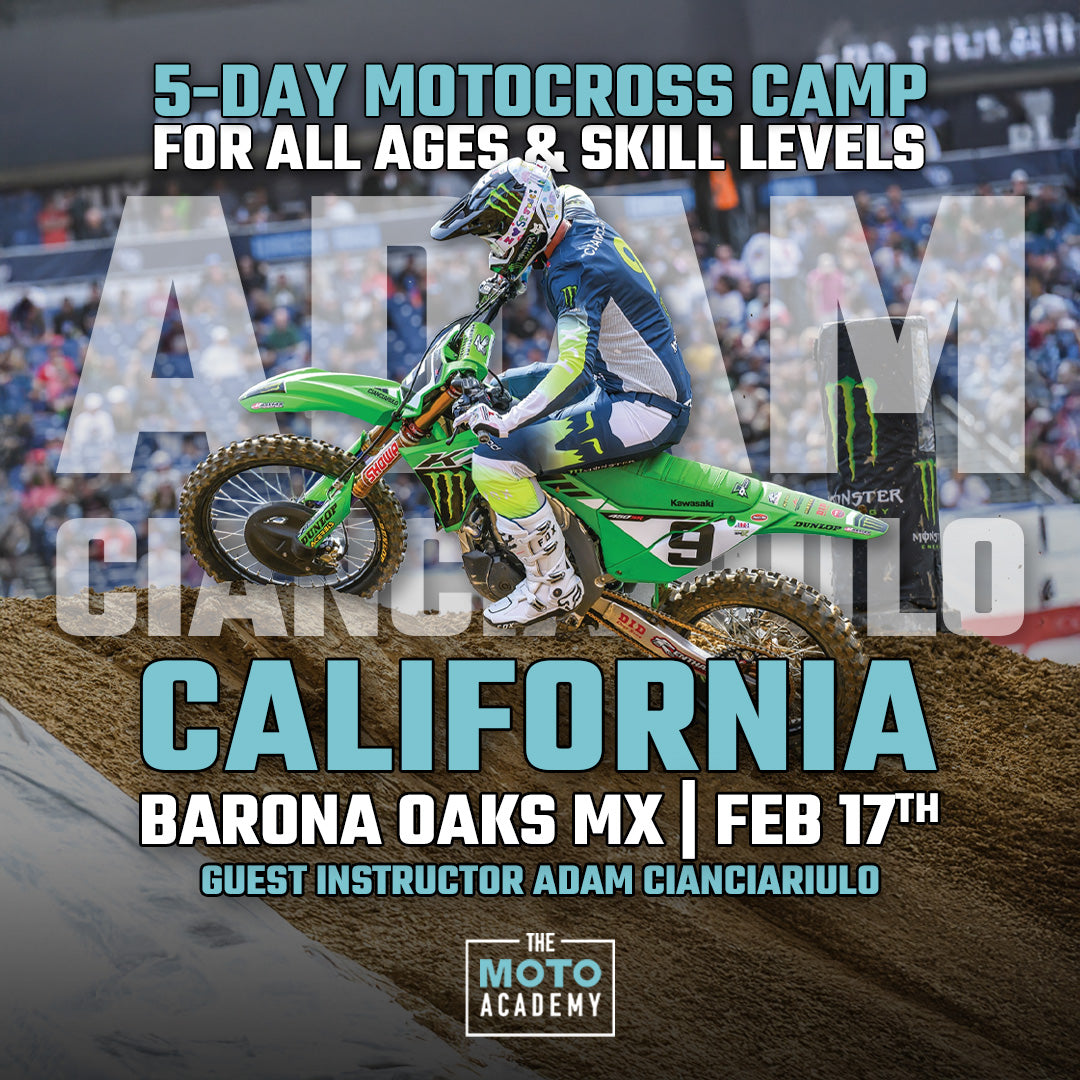 Motocross event poster with rider on bike, text about 5-day camp in California.