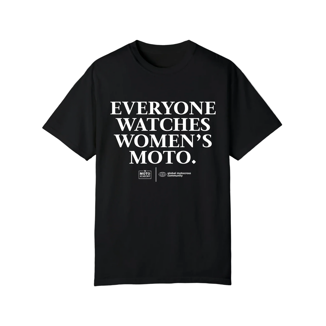 Black t-shirt with white text on a white background