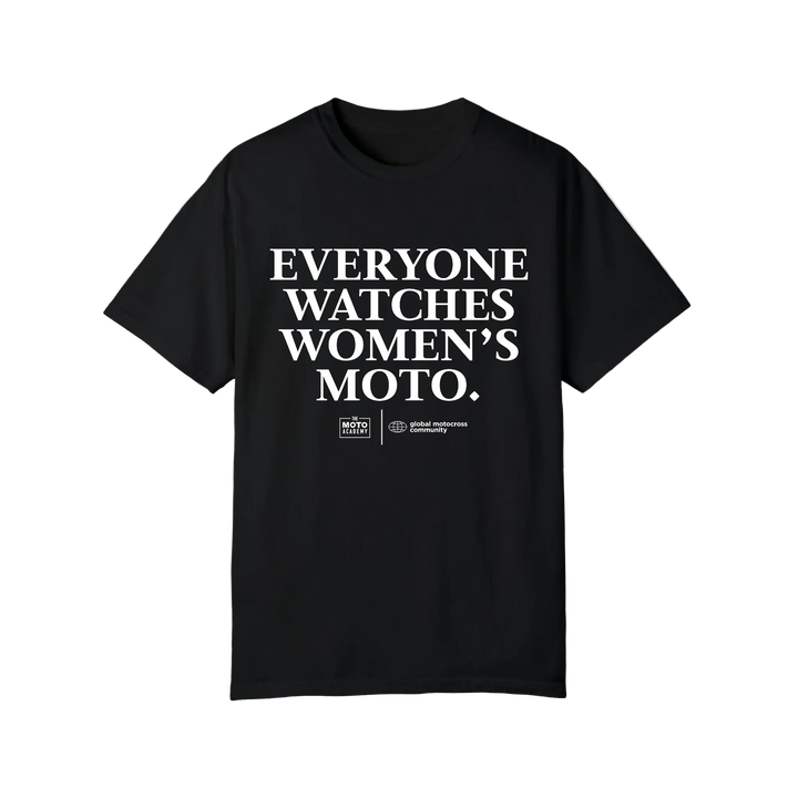Black t-shirt with white text on a white background