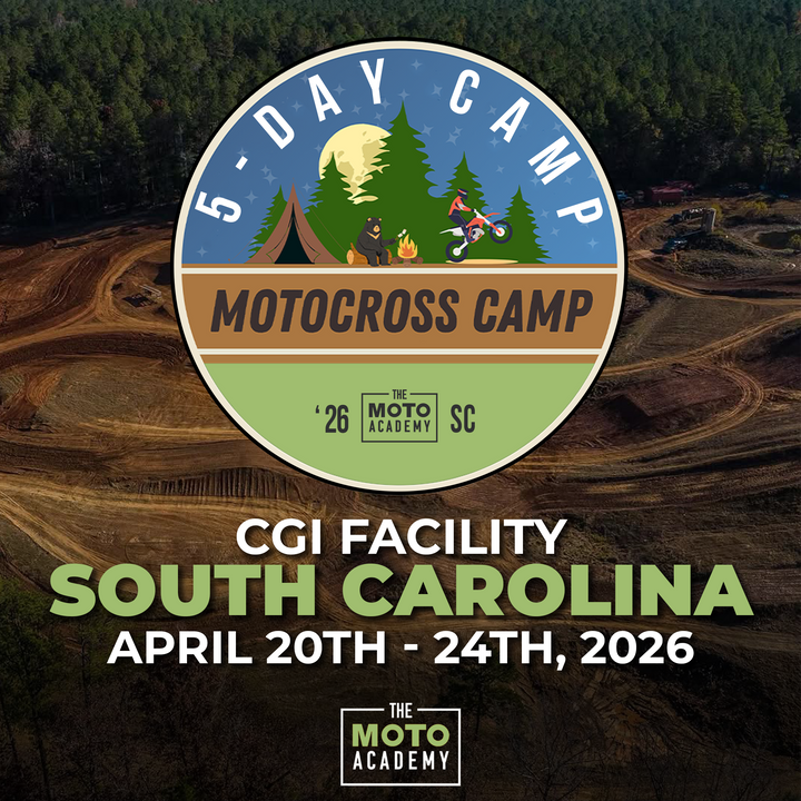 Promotional poster for a 5-day motocross camp in South Carolina with a forest background.