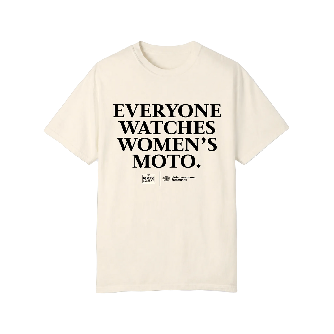 Beige t-shirt with black text on a white background