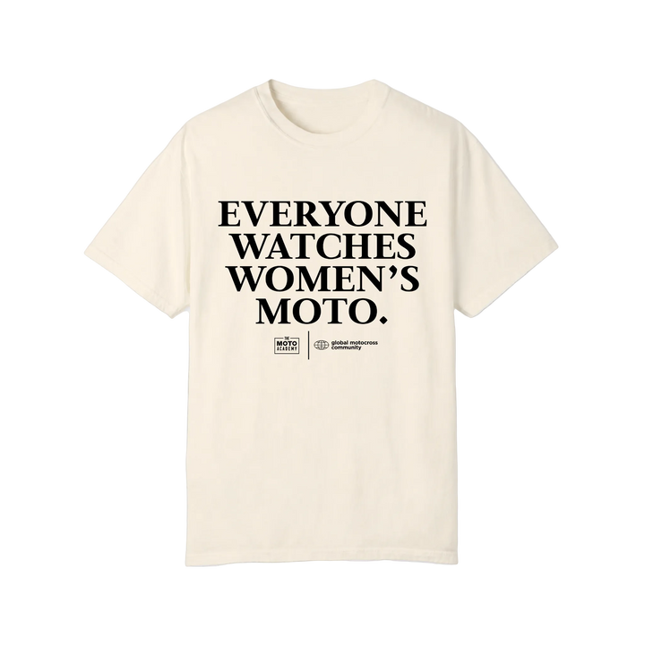 Beige t-shirt with black text on a white background