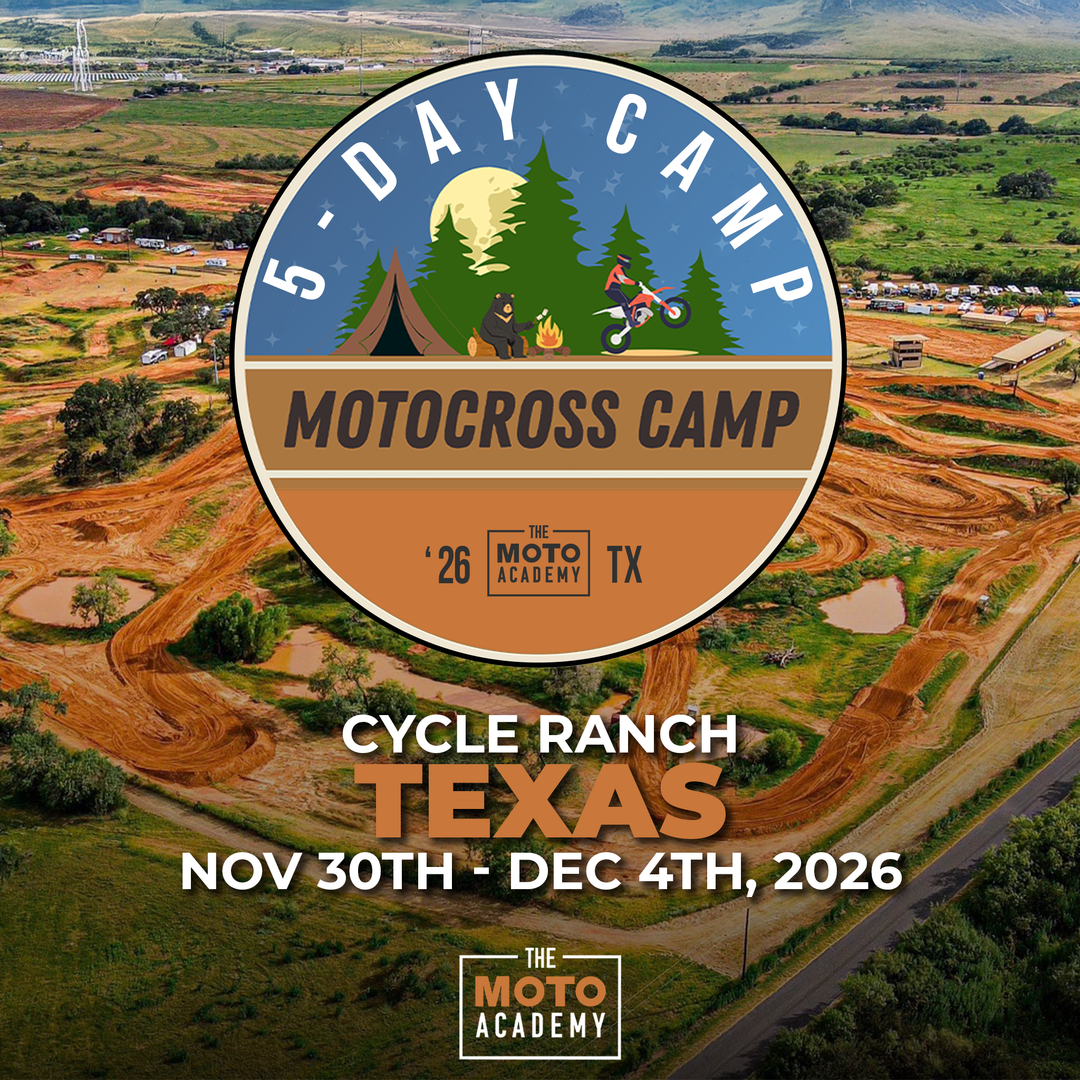 Promotional graphic for a motocross camp at Cycle Ranch, Texas with a scenic background.