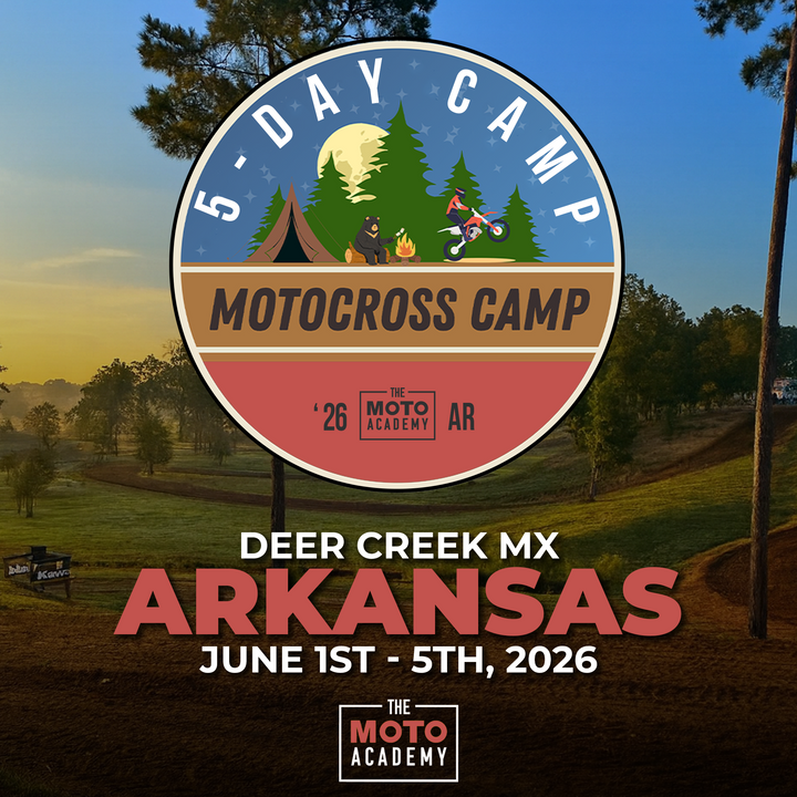 Promotional poster for a motocross camp in Arkansas with outdoor scenery.