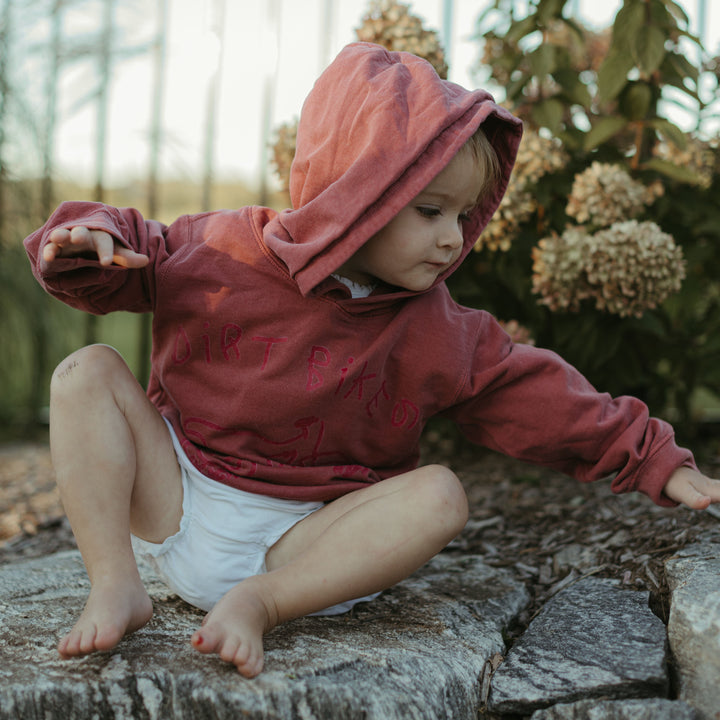 Child wearing a red hoodie sitting on a stone surface with flowers in the background