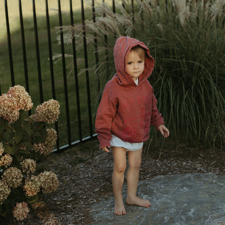 Child wearing a red hoodie standing outdoors near a fence and plants