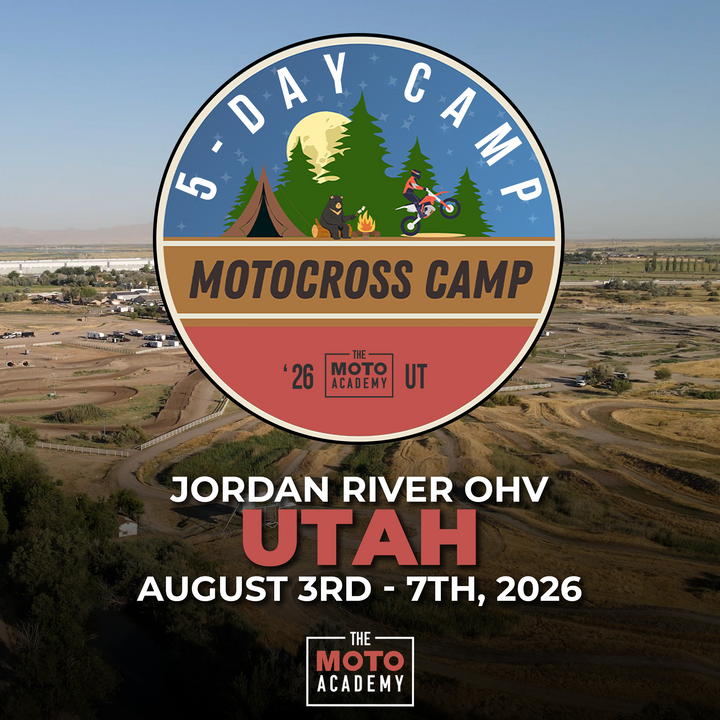 Promotional graphic for a motocross camp in Utah with a scenic background.