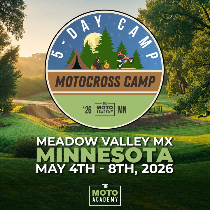 Promotional graphic for a motocross camp in Meadow Valley MX, Minnesota with outdoor scenery.