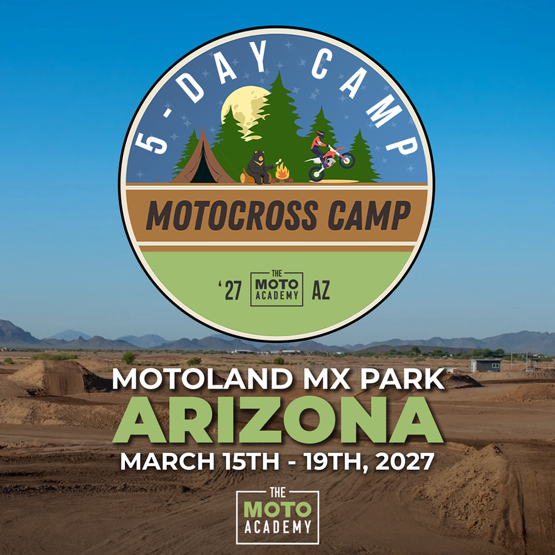 Promotional graphic for a motocross camp at Motoland MX Park in Arizona, featuring outdoor elements and branding.