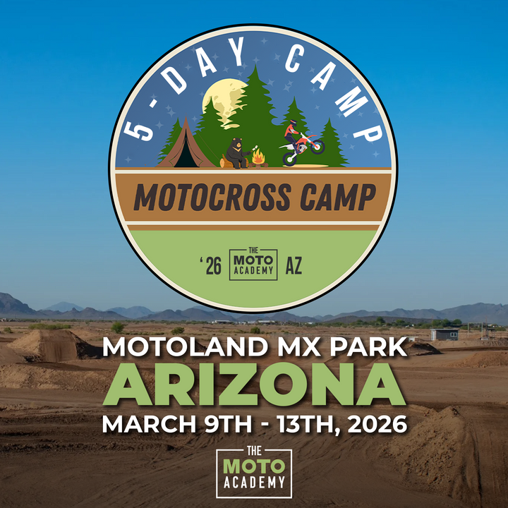 Promotional graphic for a motocross camp at Motoland MX Park in Arizona, featuring a logo and event details.