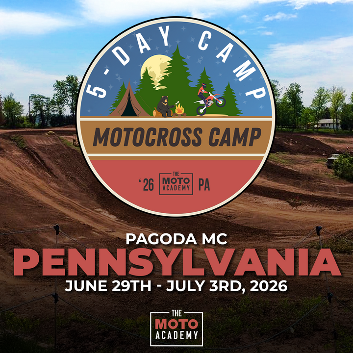 Promotional graphic for a motocross camp with a dirt track background