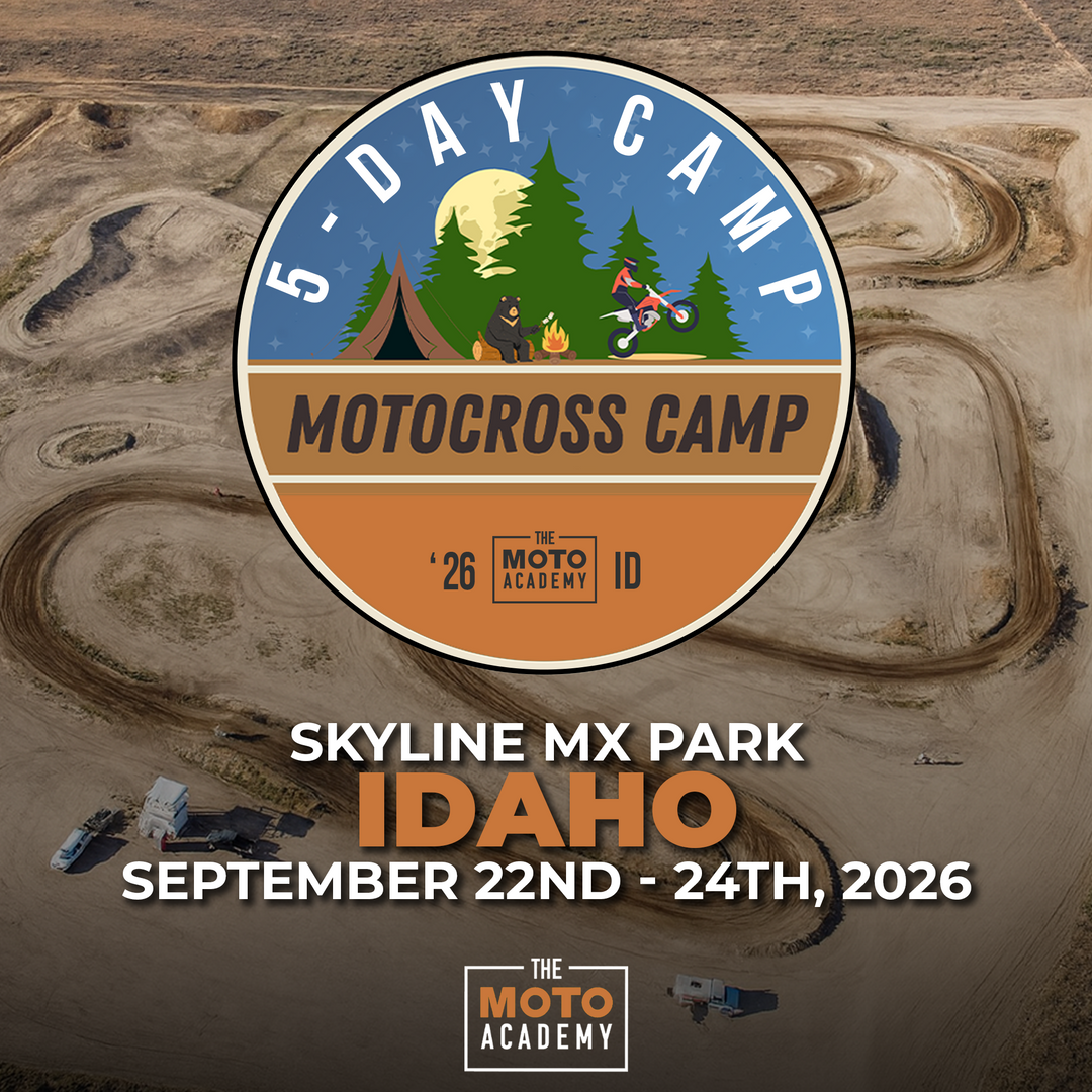 Promotional graphic for a motocross camp at Skyline MX Park, Idaho, featuring event details and branding.