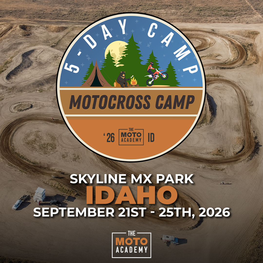 Promotional graphic for a motocross camp at Skyline MX Park, Idaho, featuring event details and branding.