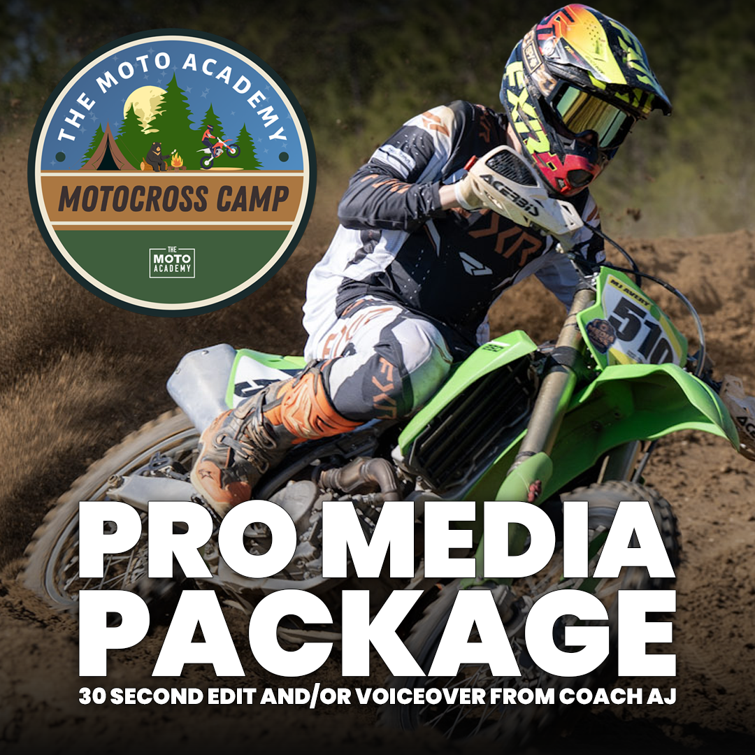Person on a motocross bike with 'The Moto Academy' logo and text about a motocross camp and pro media package.