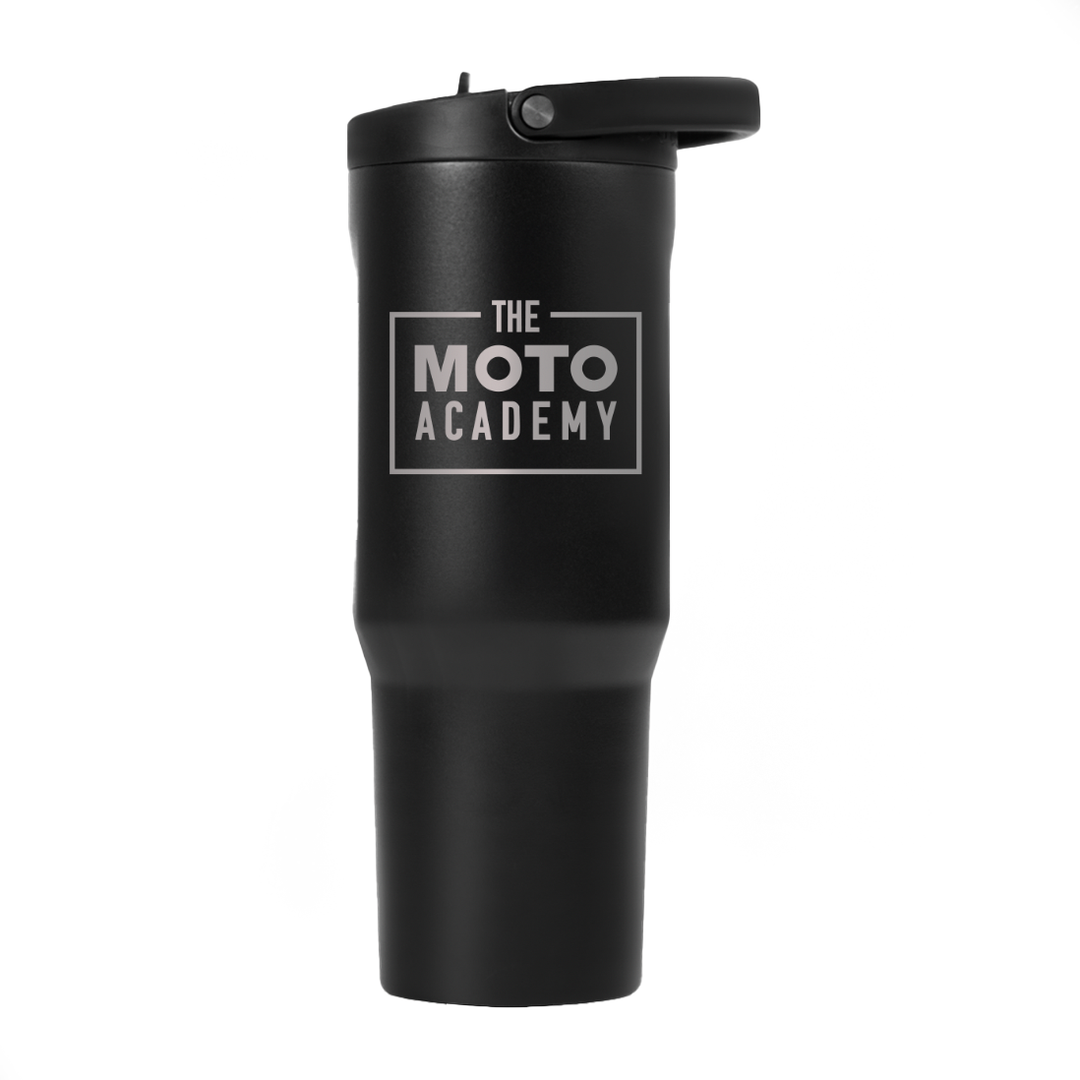 Black tumbler with 'The Moto Academy' logo on a white background