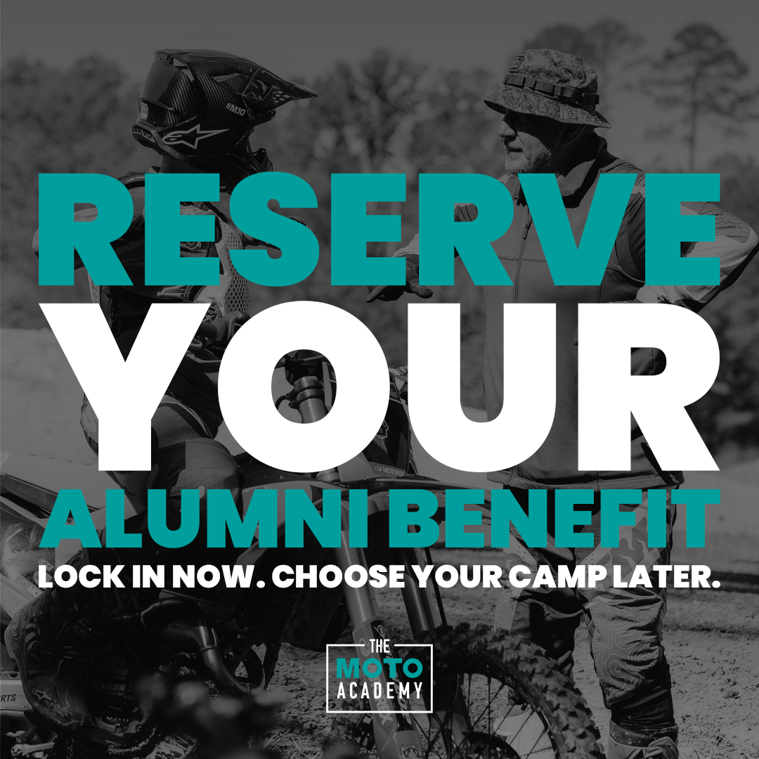 Two people on motorcycles with text overlay about reserving an alumni benefit from The Moto Academy.